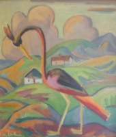 Bird in a landscape with huts by Laubser, Maggie  (Maria Magdalena)