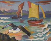 Seagull and fishing boat by Laubser, Maggie  (Maria Magdalena)