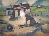A woman outside a hut by Domsaitis, Pranas