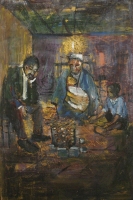 Man, woman, baby & child seated around pot by Ngatane, Ephraim Majalifa