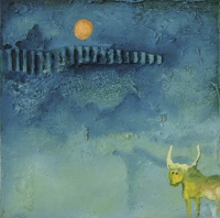 Yellow horned animal with orange moon in background by Phala, Madi