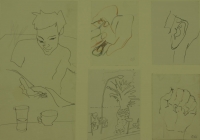 5 sketches - man reading - ear - hands & palm tree by Relly, Tamsin
