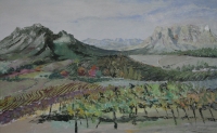 Mountains with fields & vineyards in front by Van Lingen, Gail