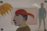 Man with red cap on backwards with other figure in background by Hyslop, Diana
