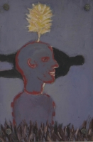 Blue man with yellow flower above head with black figure in background by Hyslop, Diana