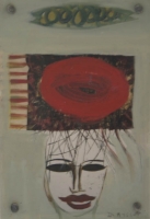 Sketch of womans face with design with red circle above by Hyslop, Diana