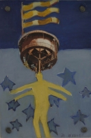 Yellow figure with pic of machine above head & 3 flags above that by Hyslop, Diana