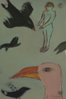 Pink bird with black birds & person in background by Hyslop, Diana