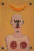 Bald man with orange shape above his head by Hyslop, Diana