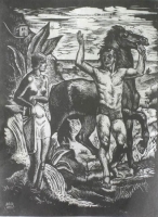 Original Woodcut Man, lady and horse by Baldinelli, Armando