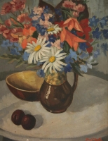 Still life with flowers in a brown jug by Botha, David