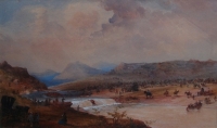 British regiment and settlers approaching bushman by Bowler, Thomas William
