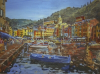 Bright buildings with boat by Unknown