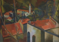 Ariel view of rooftops with cathedral in background by Pinker, Stanley