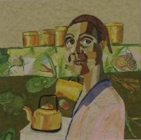 Lady next to kettle with veg in background by Thysen, Tyrrel