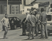 Black & white  - workers standing near car by Van Bosch, Cobus