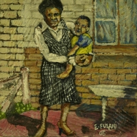 Lady holding child outside house by Fulani, Ernest