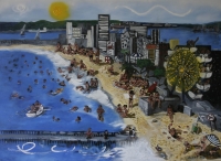 People on beach & in sea with ferris wheel, buildings & sun in background by Gietl, Karl