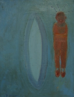 Red man standing next to blue surfboard by Hyslop, Diana