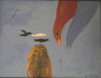 Orange bird with 2 black birds & white bird near object by Hyslop, Diana