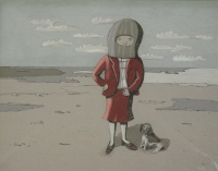 Girl with mask on standing next to dog by Hattingh, Marna