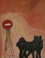 No entry sign & 2 black dogs by Hyslop, Diana