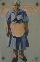 Black lady in blue uniform with wings behind her by Hyslop, Diana