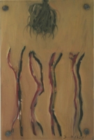 4 red & balck figures with roots abaove them by Hyslop, Diana